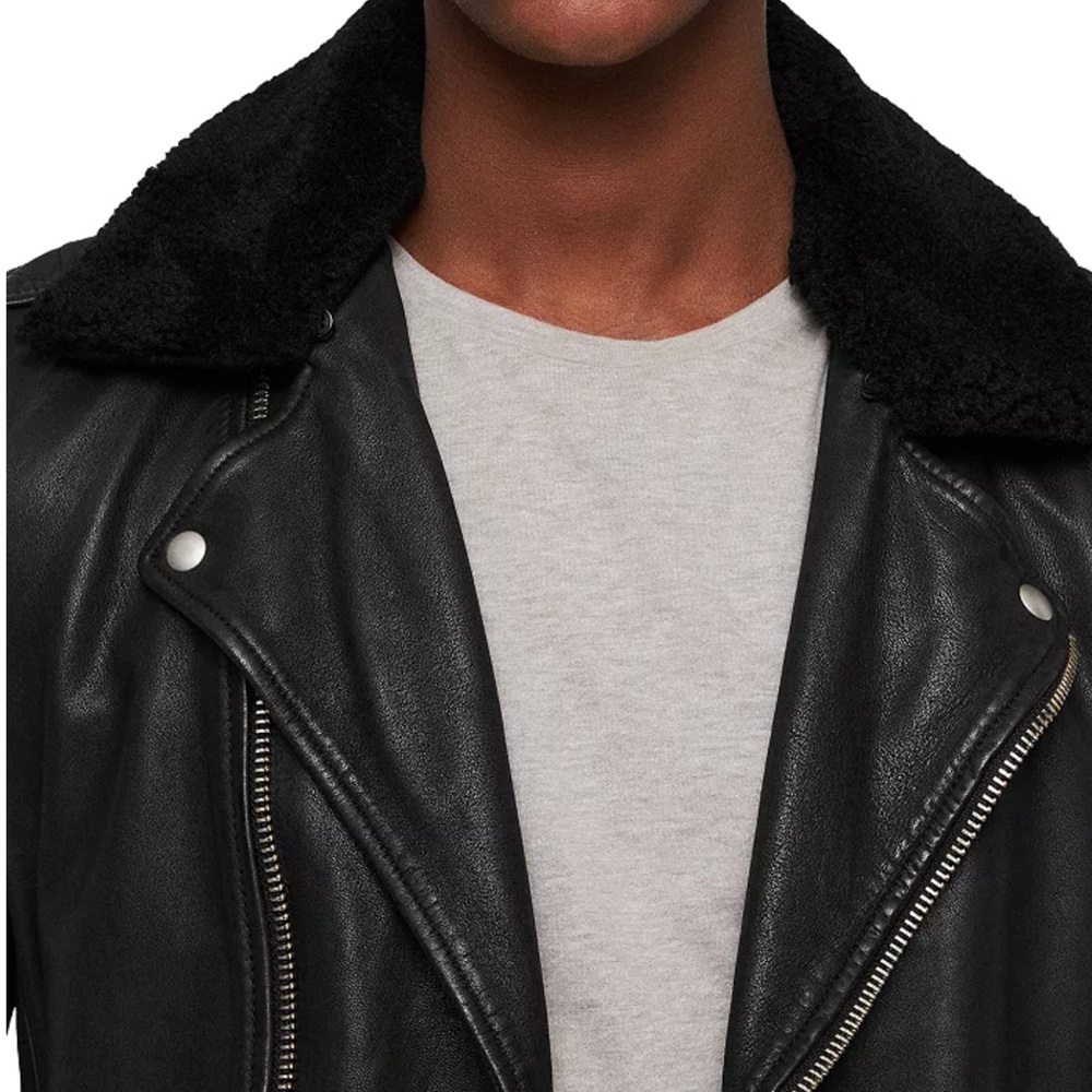 All Saints Brett Leather Jacket w/ Shearling Collar mens medium